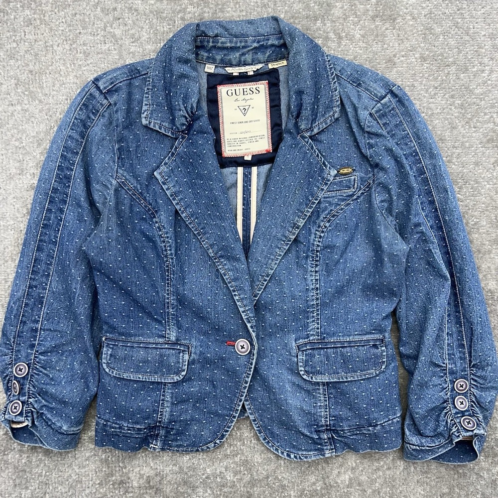 Vintage Guess Denim Blazer Women Small 3/4 Sleeve Polka Dot Stretch Jacket Y2K
